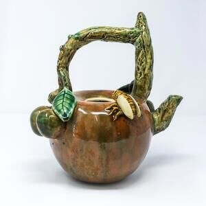 VINTAGE Majolica Cherry Teapot with Cricket  10 1/4" x 9 1/2"~RARE